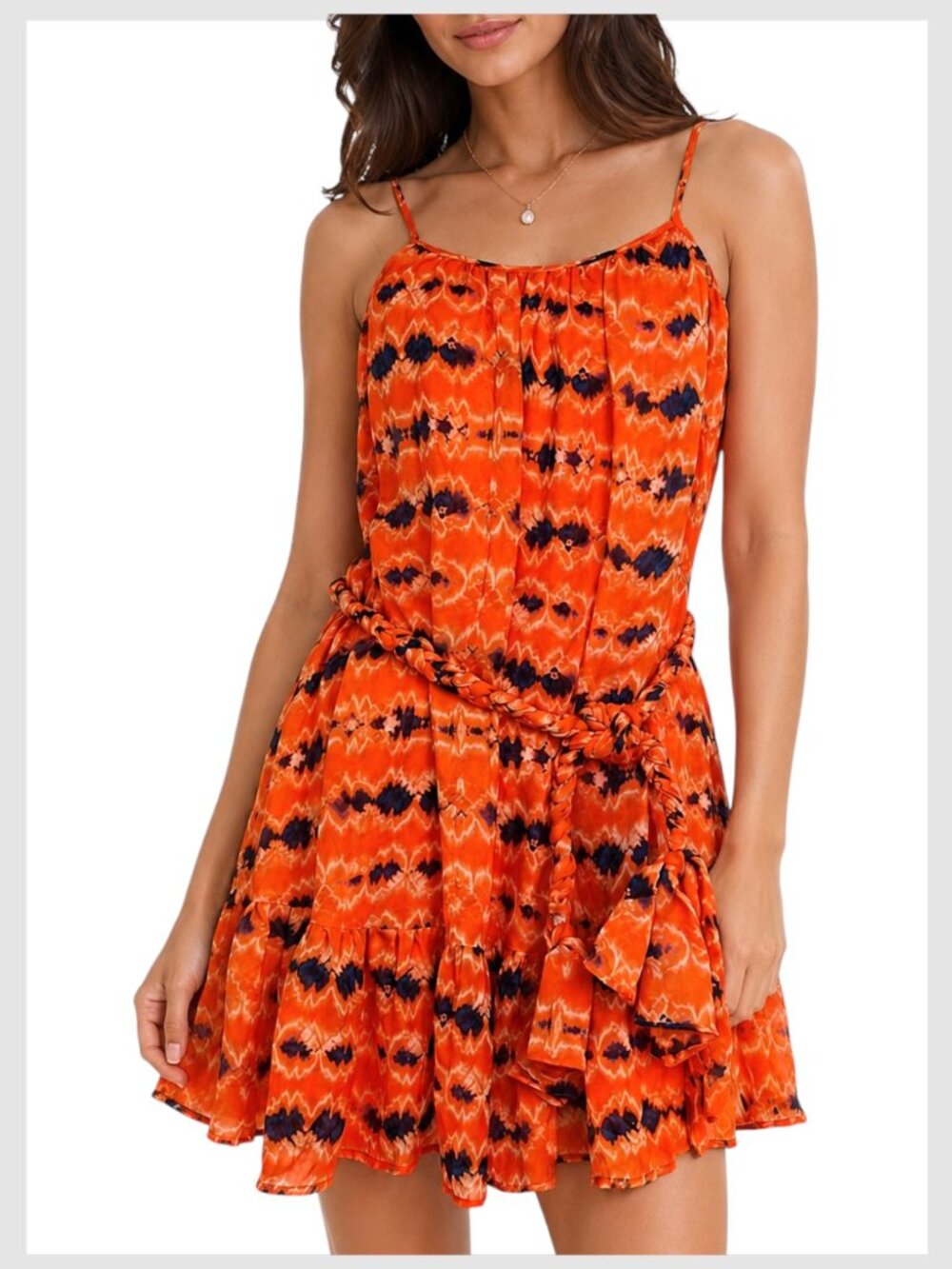 WAYF Dolly Belted Cami Mini Dress Orange Navy XS